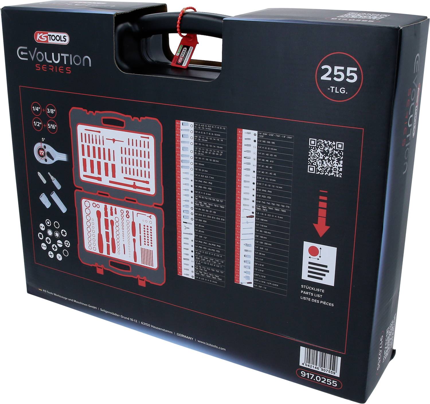 Koffer mit 255-teiligen Werkzeugset, markiert als 'EVOlution Series' von KS Tools. Werkzeuge und Spezifikationen auf der Verpackung abgebildet.