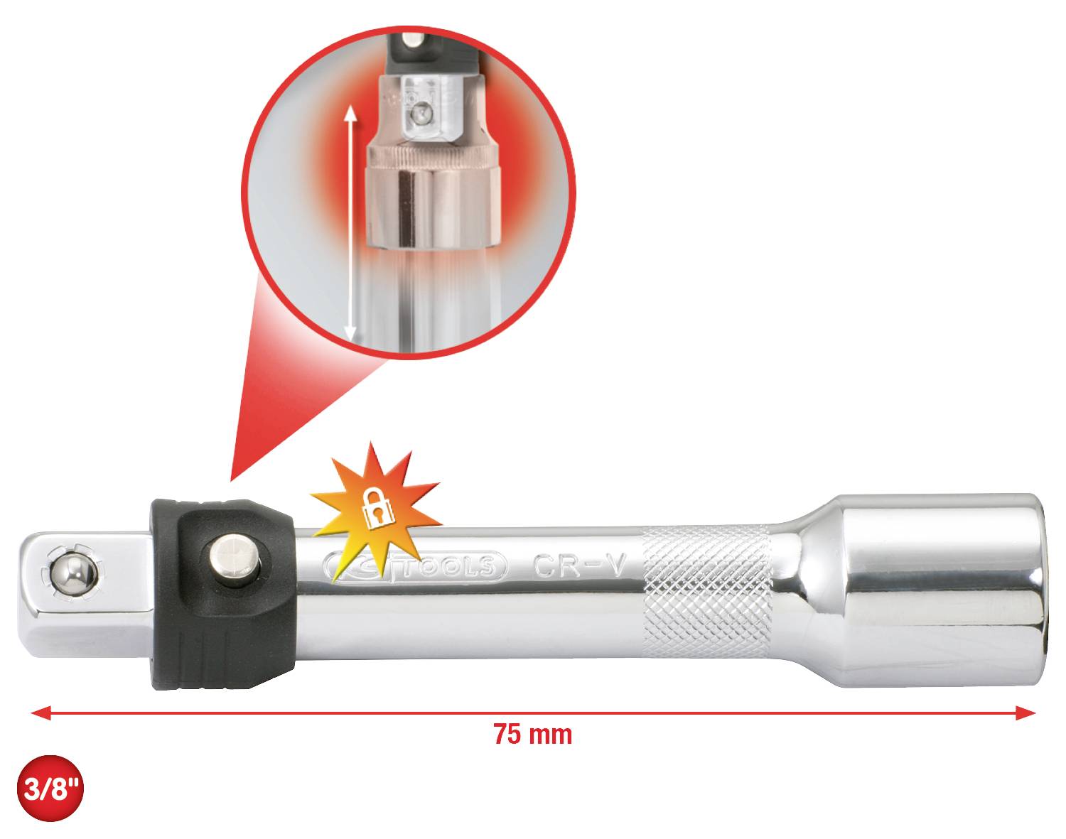 Eine silberne Verlängerung für Steckschlüssel, 75 mm lang, mit Verriegelungsmechanismus. Ein Pfeil hebt den Verriegelungsbereich hervor.