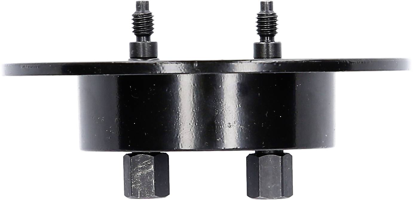 Schwarzes Metallteil mit zwei Schrauben auf der Oberseite und zwei Gewindestiften unten, möglicherweise ein mechanisches Bauteil.