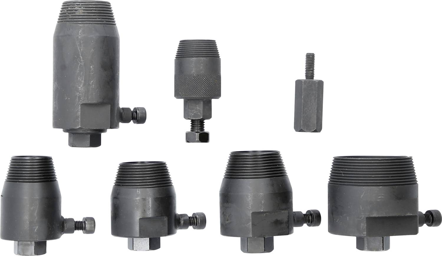 'Verschiedene schwarze Hydraulikadapter mit unterschiedlichen Größen und Gewinden, auf weißem Hintergrund angeordnet.'