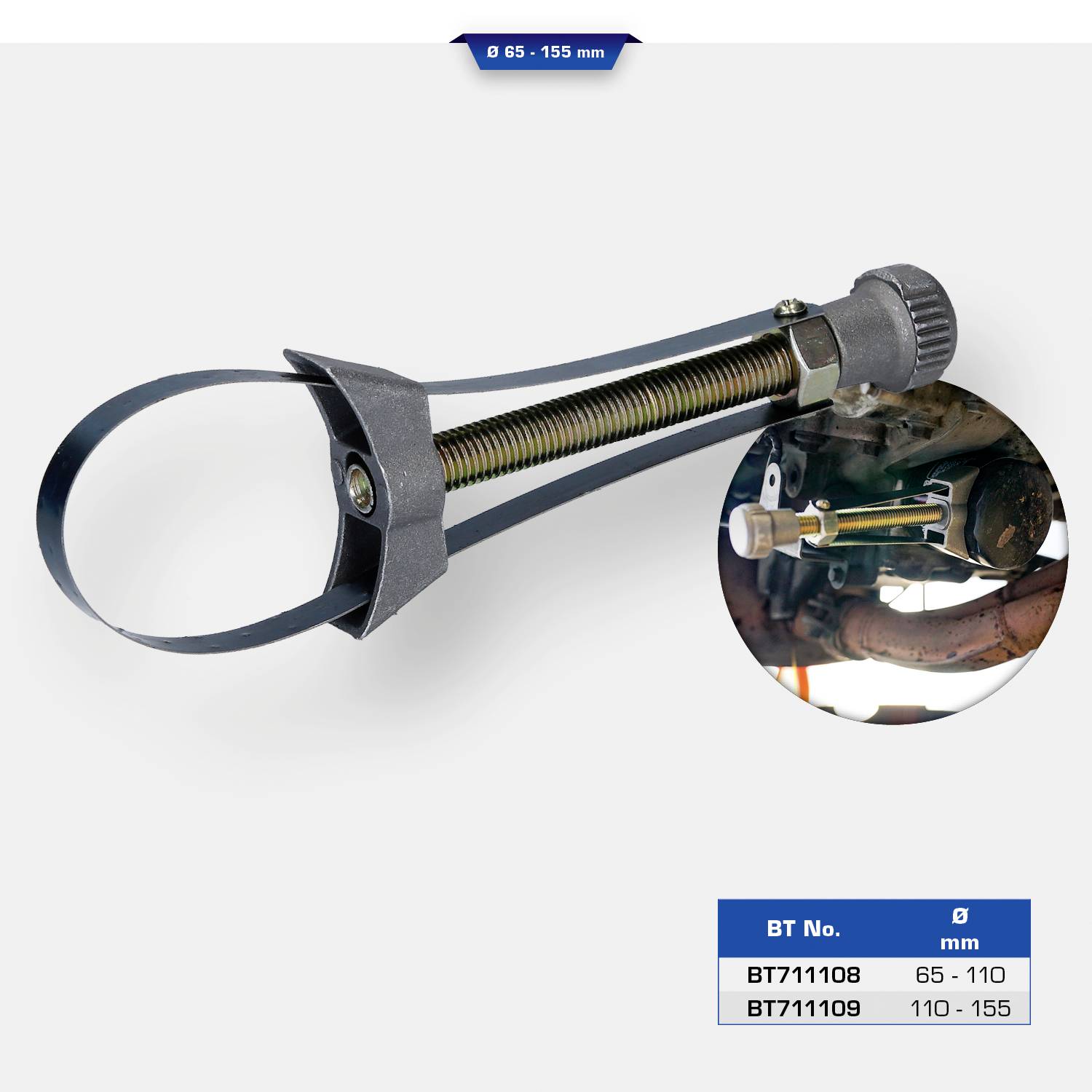 'Einstellbare Schlauchschelle, Durchmesserbereich 65-155 mm, BT Nr. BT71108, für den Einsatz in Automobilanwendungen.'
