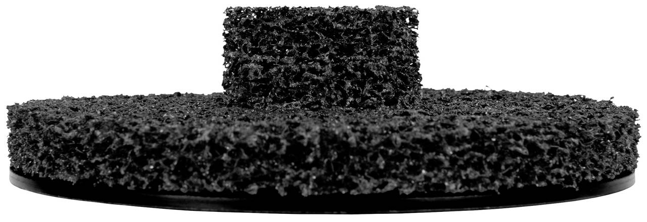 Schwarz-grauer, runder Schleifaufsatz mit grober Textur, verwendet zum Entfernen von Rost oder Farbe auf Metalloberflächen.