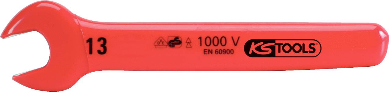 Roter isolierter Schraubenschlüssel, Größe 13, für Arbeiten unter Spannung bis 1000 V, mit Aufdruck 'GS Tools EN 60900'.