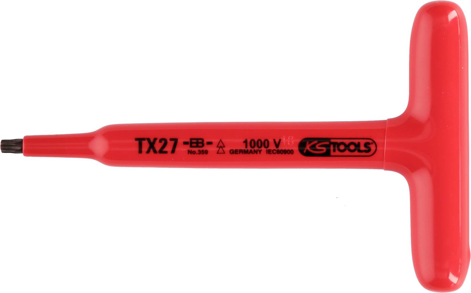 Ein roter T-Griff-Schraubendreher mit der Aufschrift 'TX27'. Es ist ein isolierter Torx-Schraubendreher, geeignet für 1000 V.