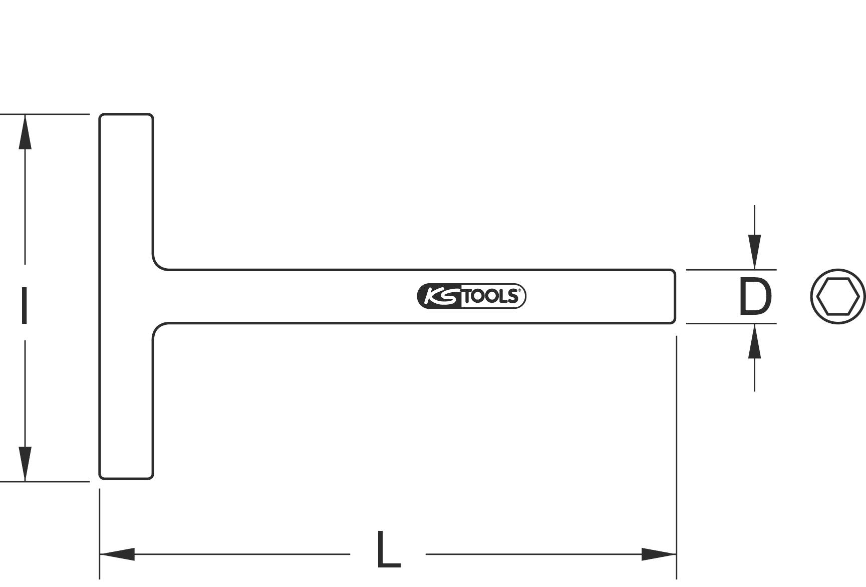 T-Schlüssel Diagramm mit den Maßen L, I und D, Logo 'KS Tools' auf dem Griff.