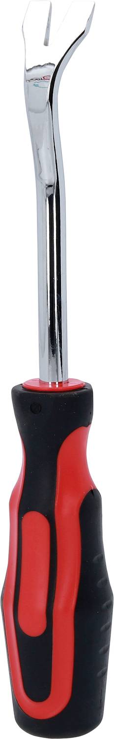 Ein rotes und schwarzes Gartengerät mit gebogenem Metallkopf und ergonomischem Griff, verwendet zum Entfernen von Unkraut.