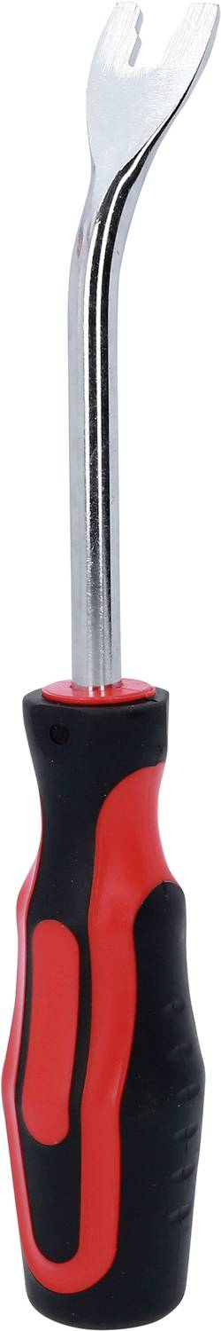Ein rot-schwarzer Schraubendreher mit ergonomischem Griff und gebogener, flacher Spitze, geeignet zum Hebeln oder Entfernen von Clips.