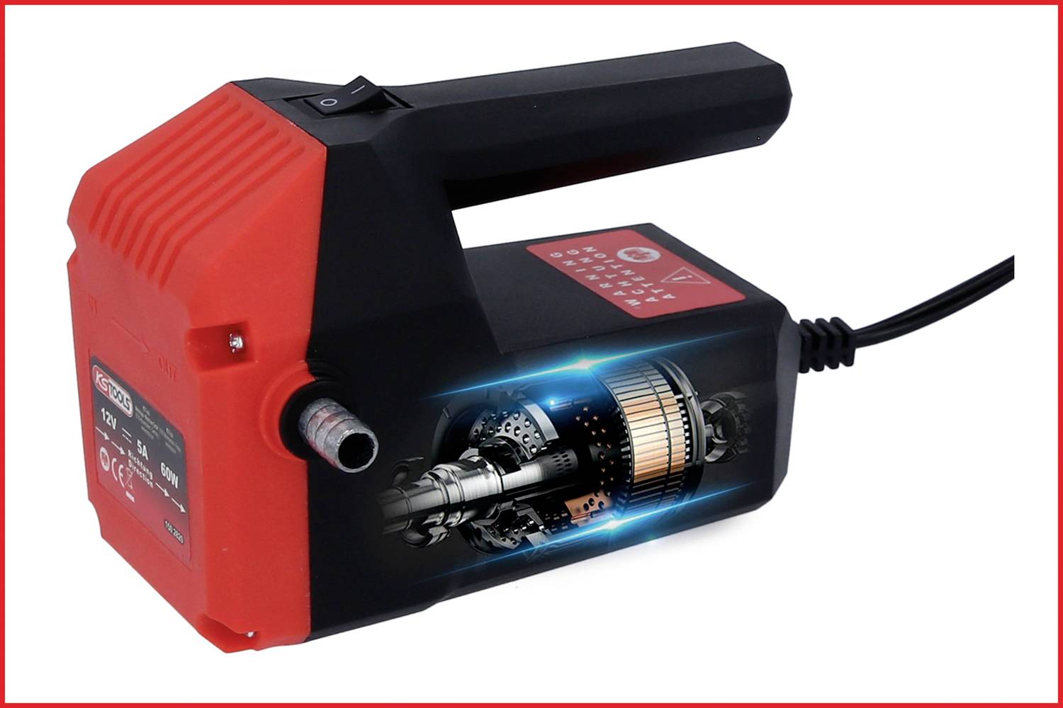 Ein Handgerät mit offenem Gehäuse zeigt die interne Mechanik und einen Elektromotor. Es hat einen schwarzen Griff und ein rotes Gehäuse.