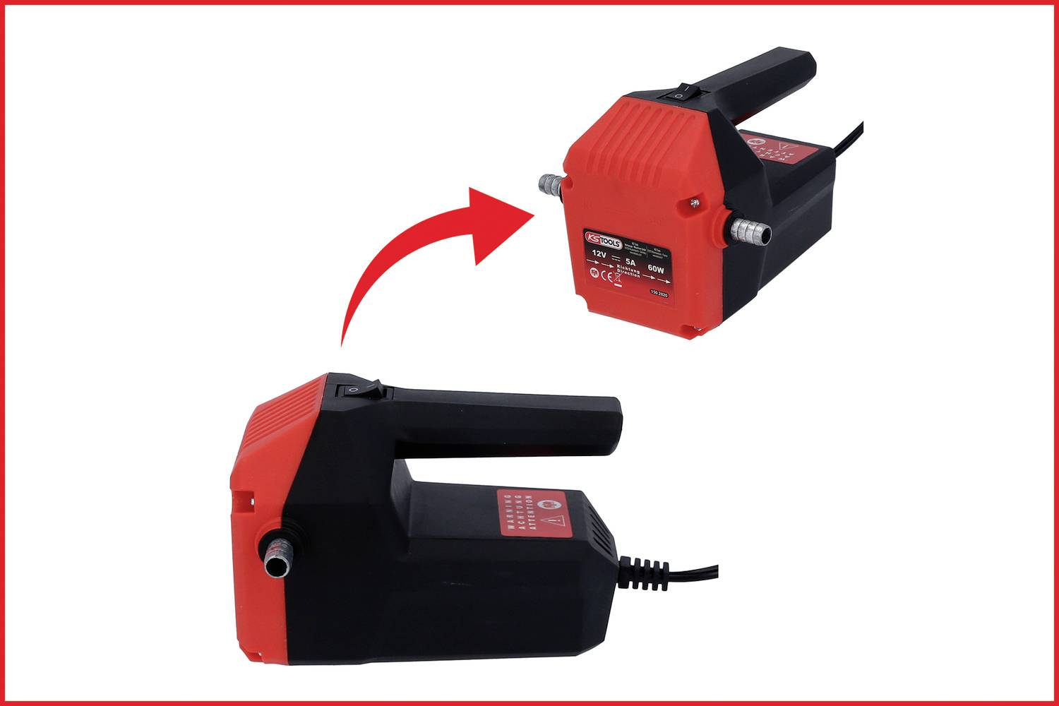 Ein tragbares, elektrisches Gerät mit Griff und Düsen. Zwei Ansichten zeigen die Vorder- und Rückseite. Rot-schwarzes Design.