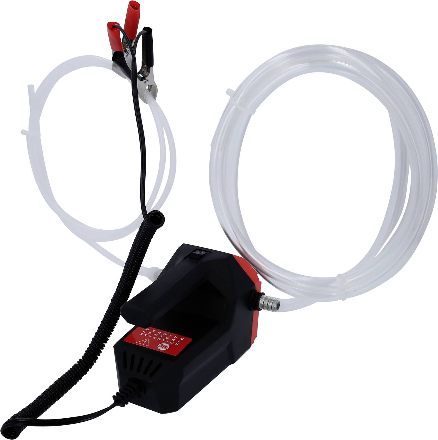 Ölabsauger-Pumpe mit zwei Schläuchen und Krokodilklemmen zur Fahrzeugwartung. Hauptsächlich in Schwarz und Rot gehalten.