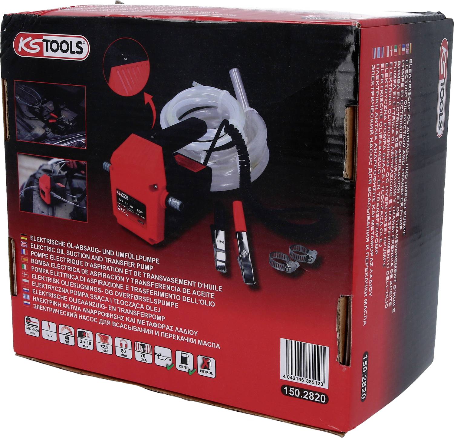 'KS Tools elektrische Ölabsaug- und Umfüllpumpe'. Rote Pumpe abgebildet mit Zubehör. Verpackung für Werkstattgebrauch.