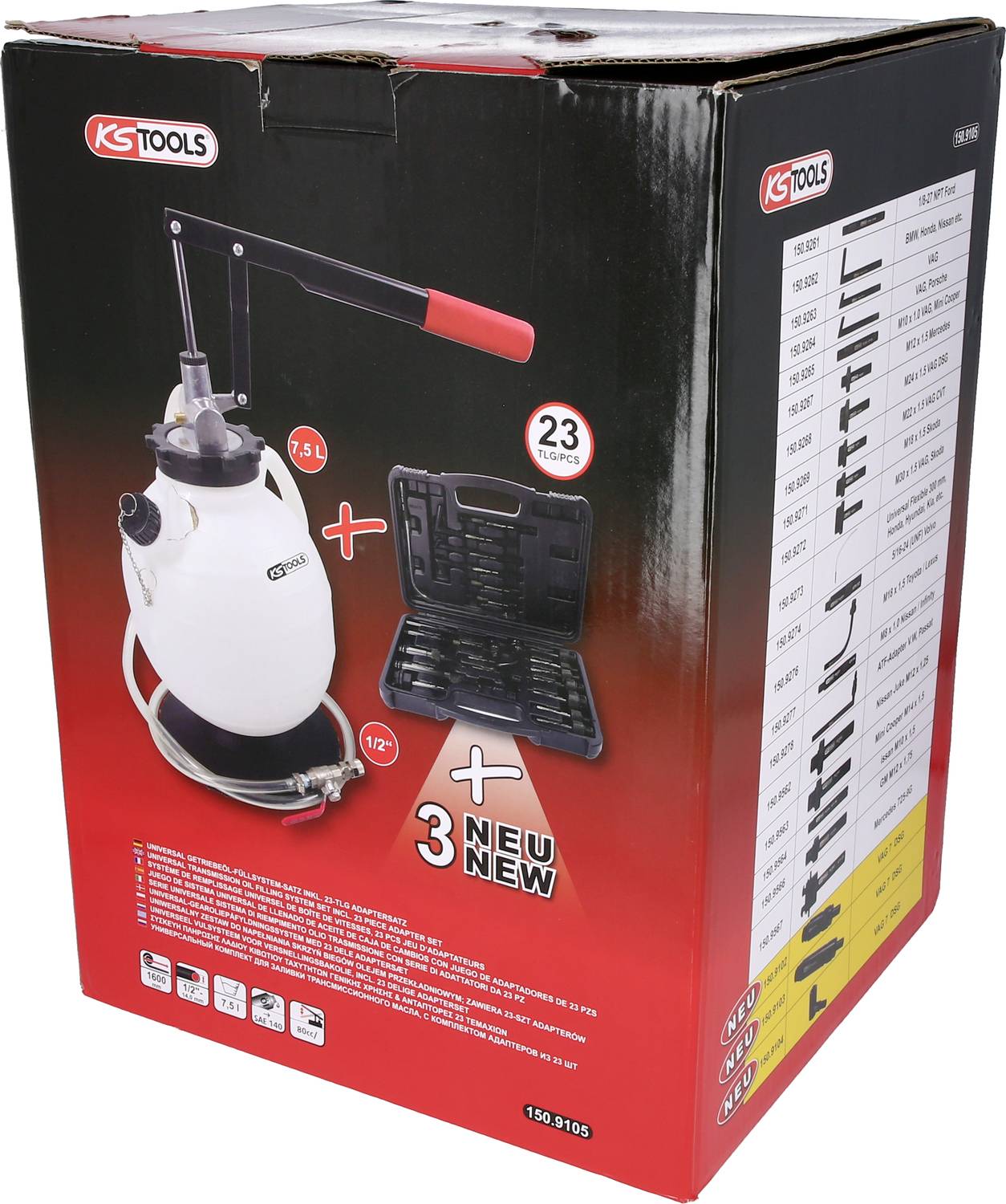 Eine schwarze Verpackung mit der Aufschrift 'KS Tools' zeigt ein 7,5L Drucksprühgerät und einen Werkzeugsatz mit 23 Teilen.
