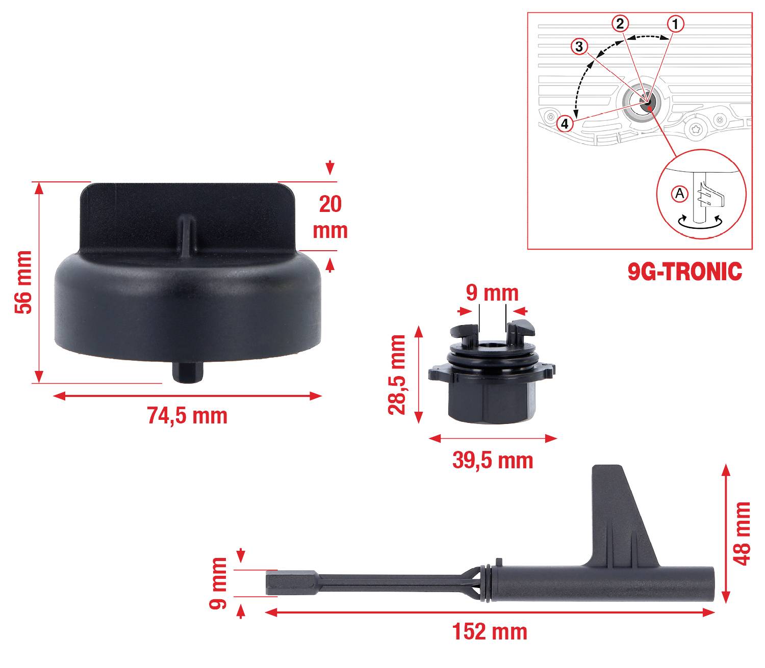 Abdeckung, Maße 74,5mm x 56mm x 20mm; Stift, Maße 39,5mm x 28,5mm; Werkzeug, Länge 152mm; Zeichnung zeigt Montageposition.