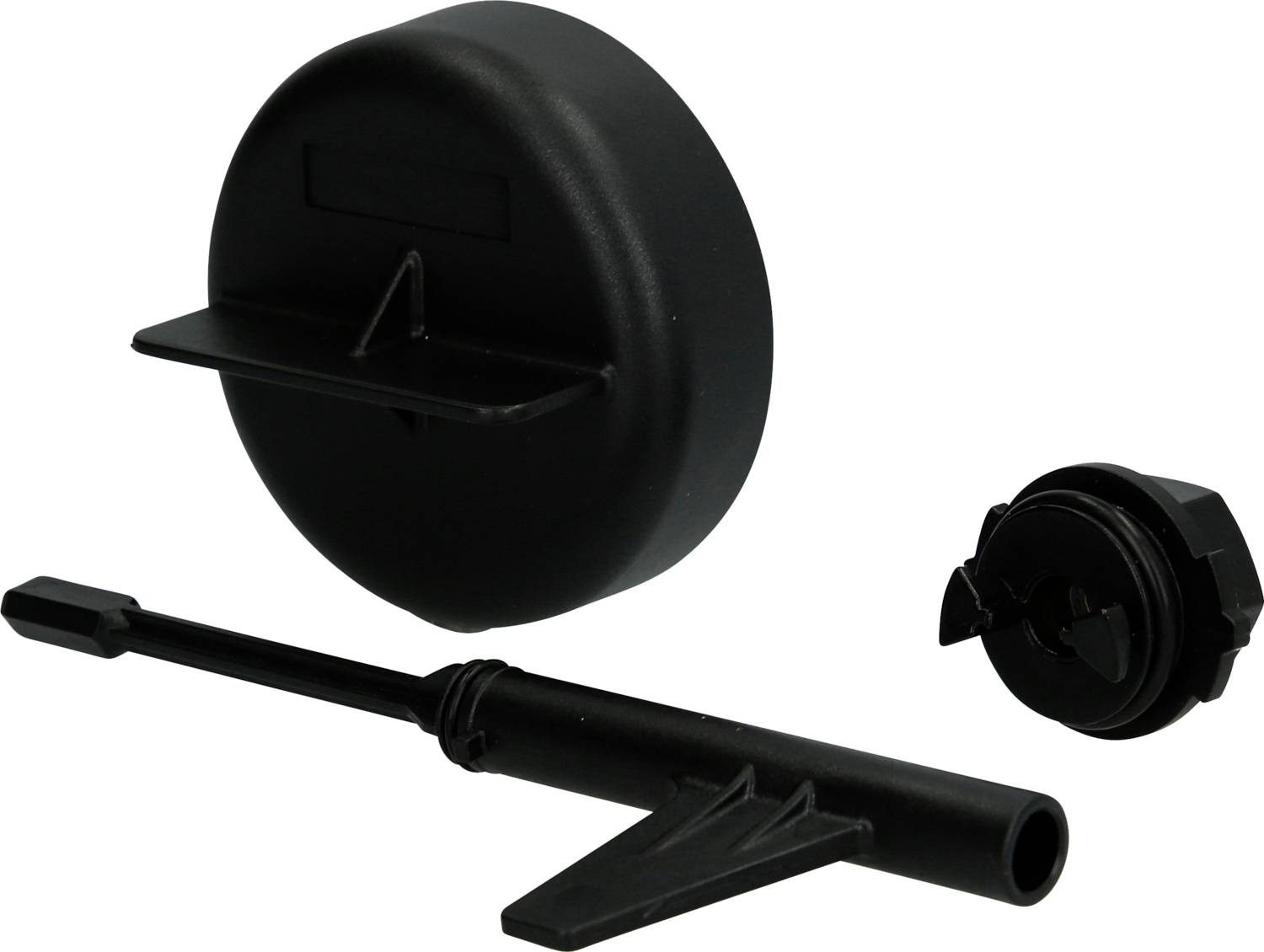 Drei schwarze Kunststoffteile auf weißem Hintergrund: ein runder Behälterdeckel, ein langer Stift mit seitlicher Stütze und ein kleiner Schraubverschluss.