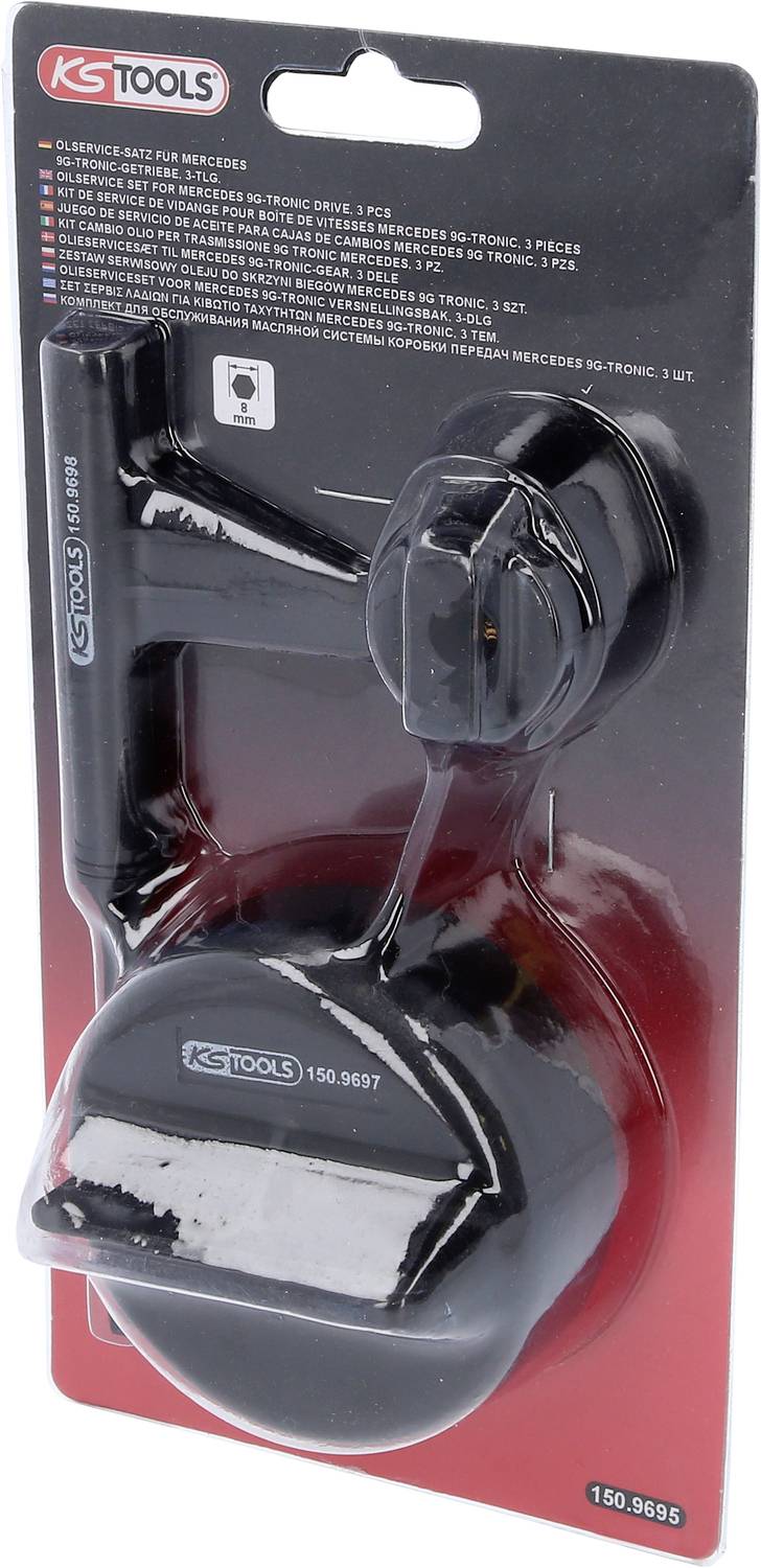 Verpackte Kfz-Werkzeuge von KS TOOLS: Ölfilter-Schlüsselset mit einstellbarem Griff, schwarz, auf rotem Karton dargestellt.