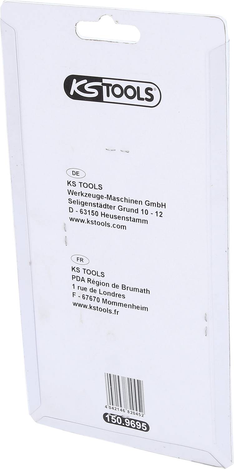 KS Tools Verpackung, zeigt Adressen in Deutschland und Frankreich. Deutscher Text: 'Werkzeuge-Maschinen GmbH, Heusenstamm'.