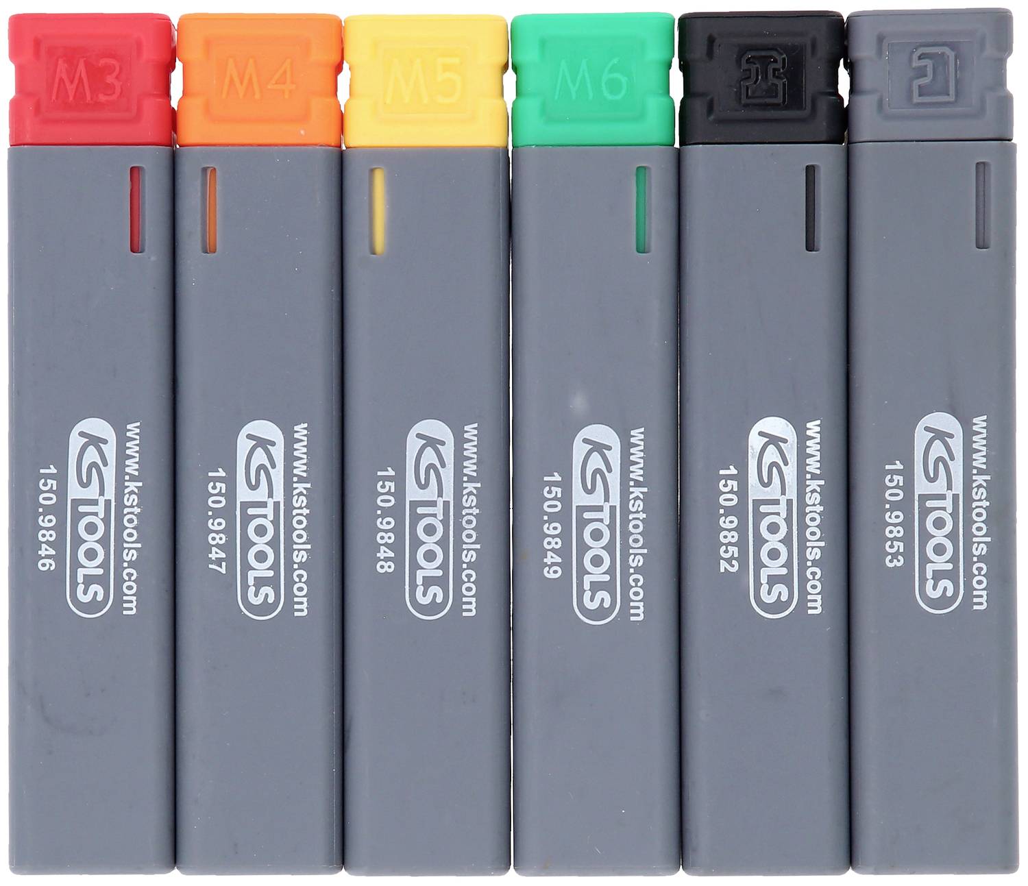'Funkenprüfer-Set mit sechs Prüfern, nummeriert M3 bis M8, in verschiedenen Farben. Hergestellt von KS Tools. Modellnummern sichtbar.'