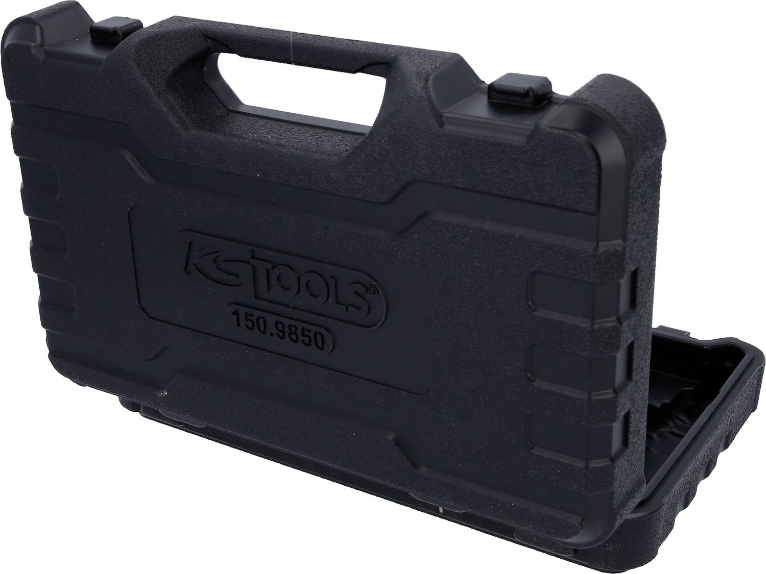 'Schwarzer Werkzeugkoffer mit Aufschrift "KS TOOLS 150.9850". Der Koffer ist teilweise geöffnet und zeigt eine robuste Bauweise.'