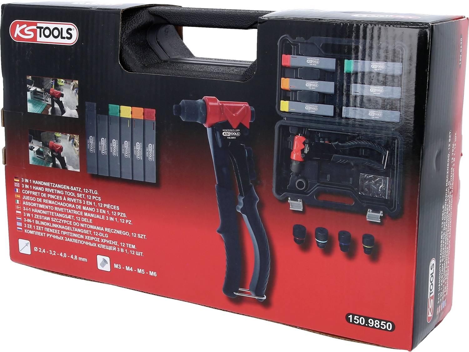 'KS Tools' Koffer mit Nietmutternzange-Set. Enthält farbcodierte Einsätze, Werkzeug und Zubehör. Ideal für Metallarbeiten.