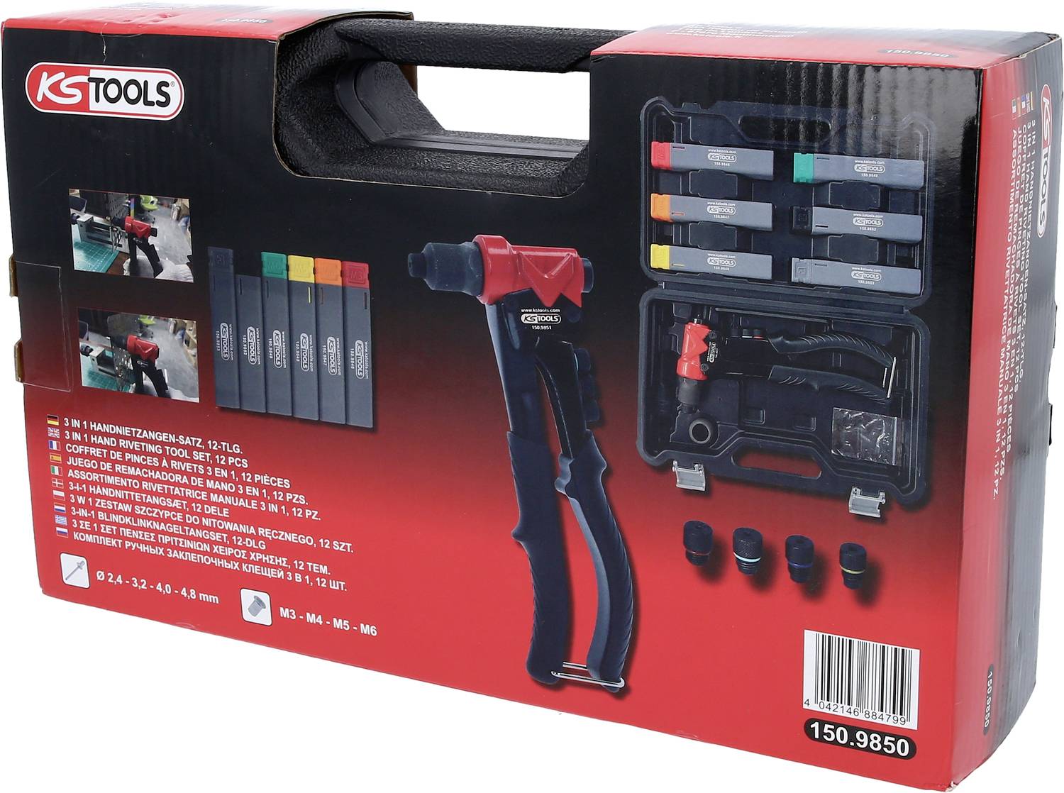 Werkzeugkoffer von KS Tools mit Handnietzange und verschiedenen Nietenaufsätzen in einem roten und schwarzen Tragekoffer.