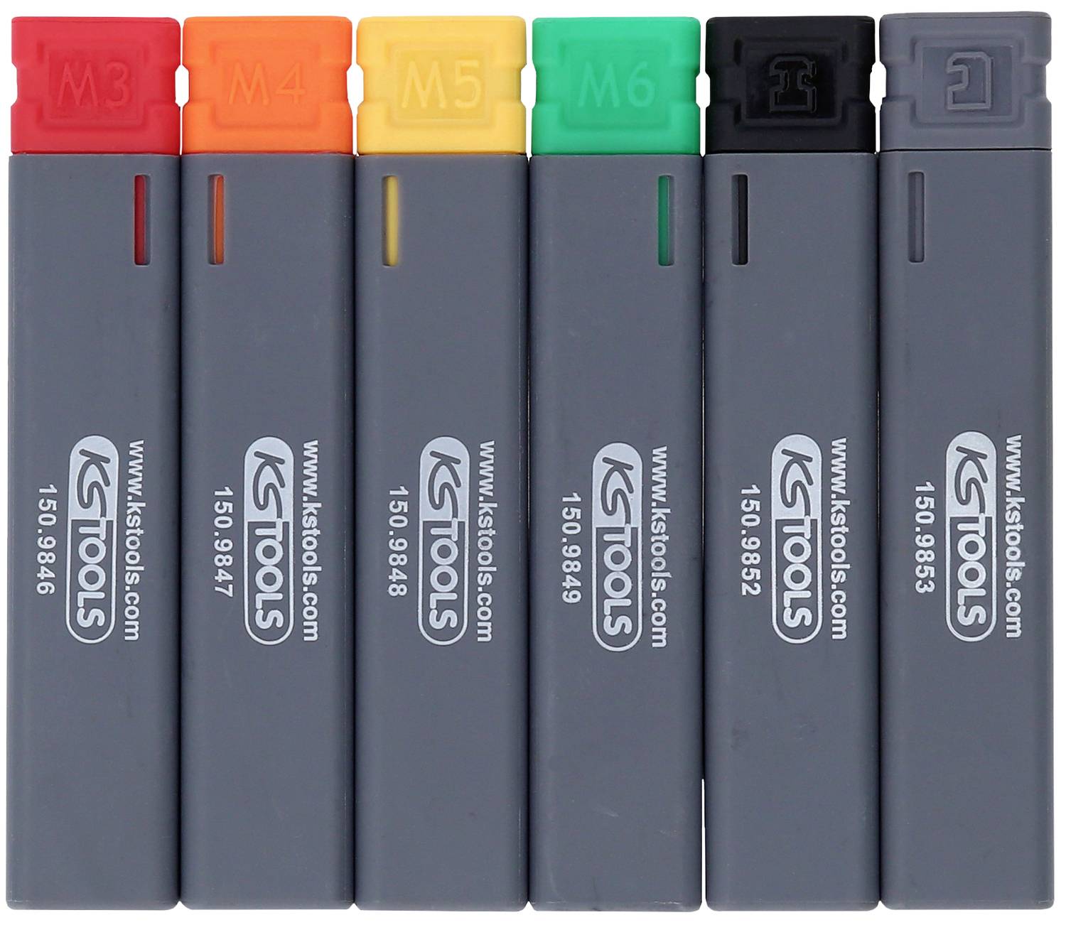 Sechs graue Stifthülsen in verschiedenen Farben: Rot, Orange, Gelb, Grün, Blau, Schwarz. Jede mit 'KS Tools' Logo und Seriennummer.