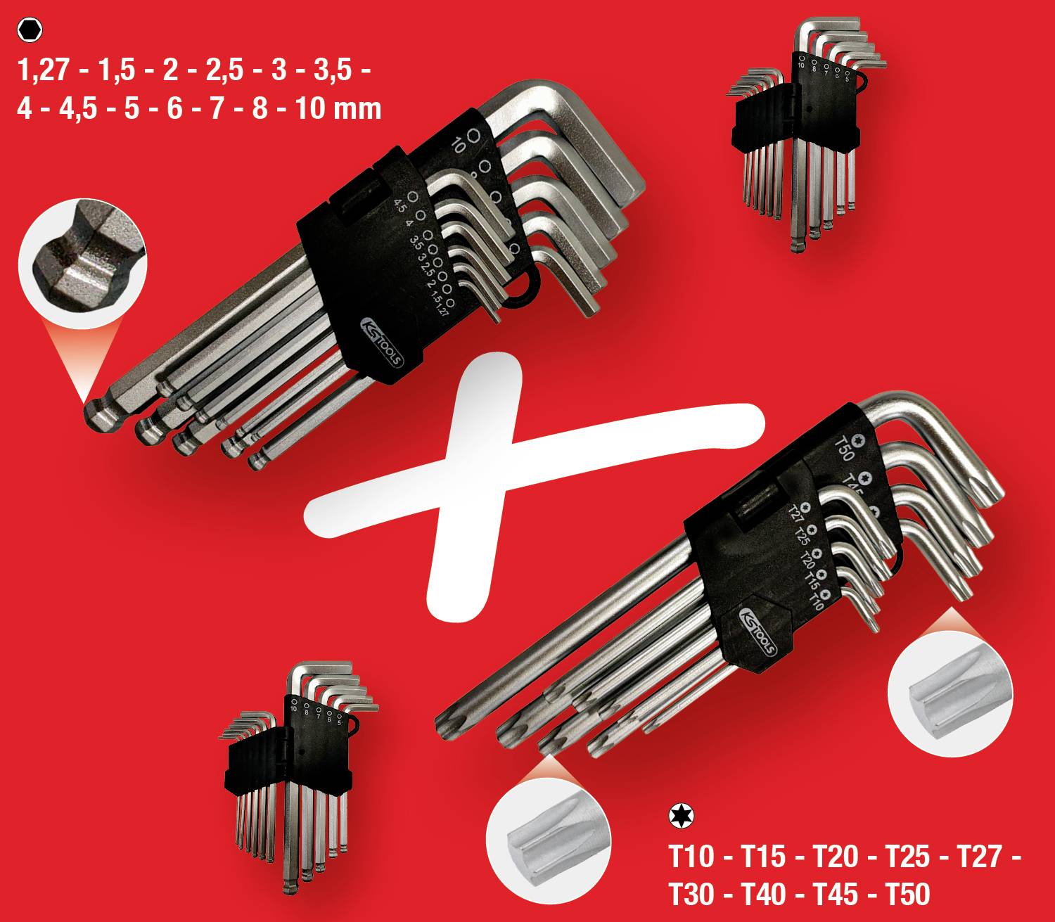 Ein Set von Inbusschlüsseln in verschiedenen Größen, 1,27 mm bis 10 mm und T10 bis T50, auf rotem Hintergrund.