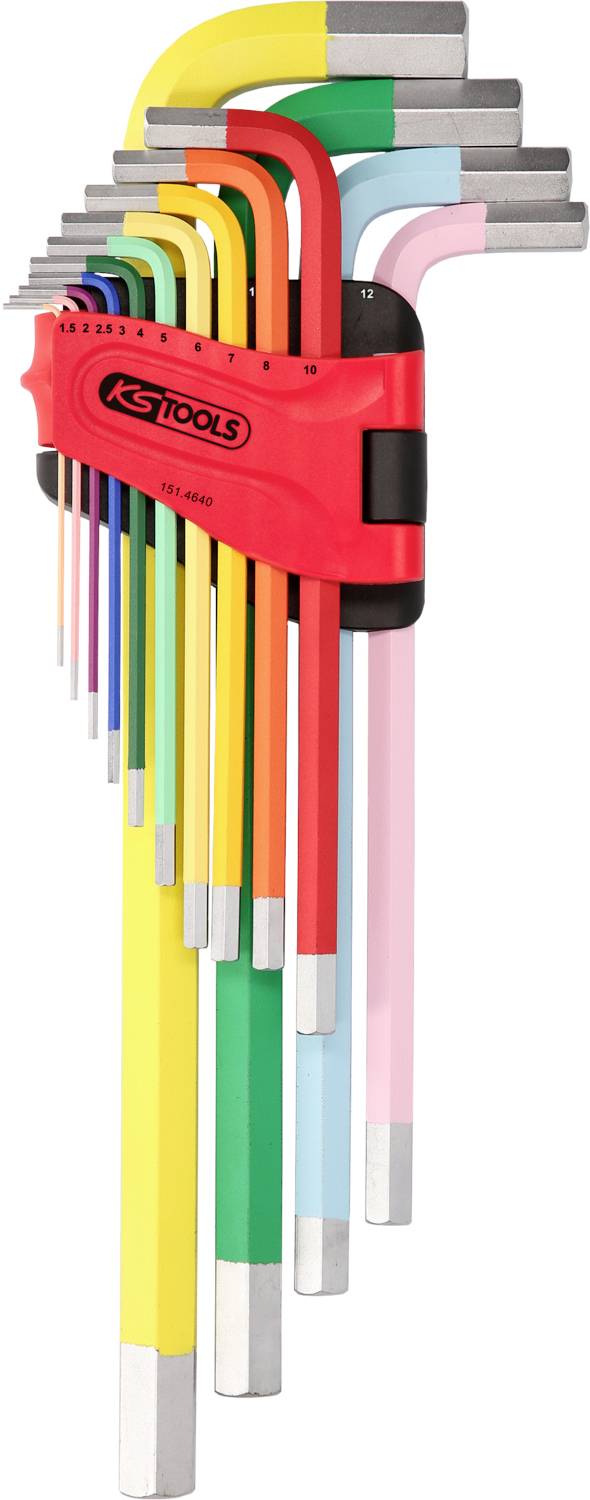 Satz farbiger Sechskantschlüssel, in Halterung gestapelt. Jeder Schlüssel hat eine unterschiedliche Farbe zur einfachen Identifizierung.