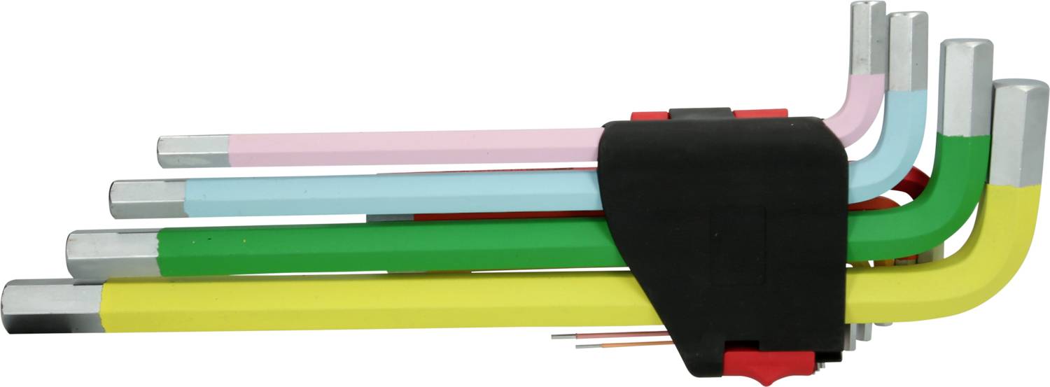 Ein Set von bunten Winkelschlüsseln in einem schwarzen Halter. Die Schlüssel sind in den Farben Gelb, Grün, Blau, Rosa und Rot.