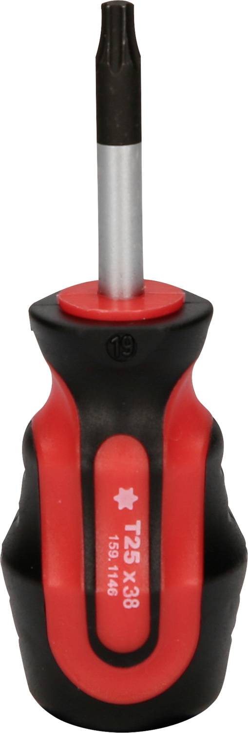 Ein Torx-Schraubendreher mit schwarzem Griff und roten Akzenten. Geeignet zum Anziehen und Lösen von Schrauben mit Torx-Kopf.