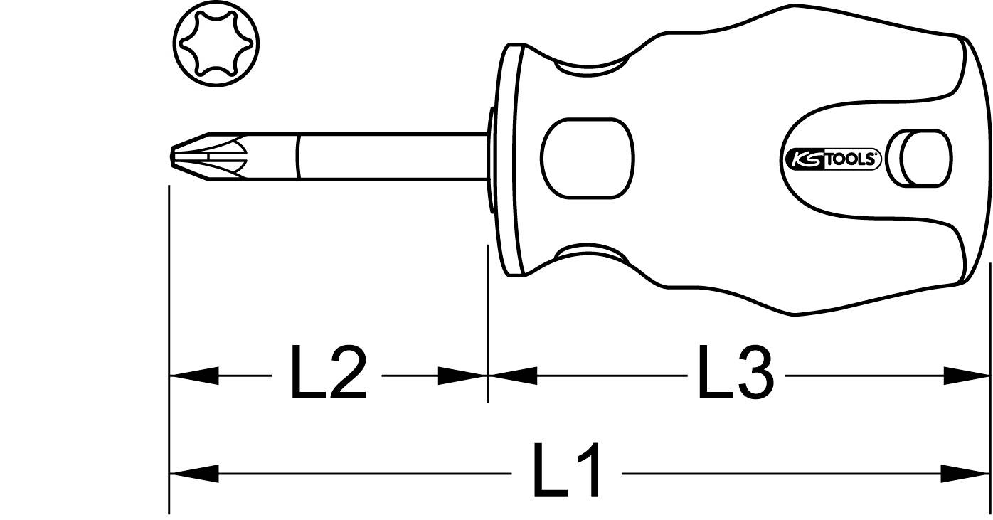 Zeichnung eines Schraubendrehers mit markierten Längen: L1, L2, L3. L1 ist die Gesamtlänge, L2 der Schaft, L3 der Griff.