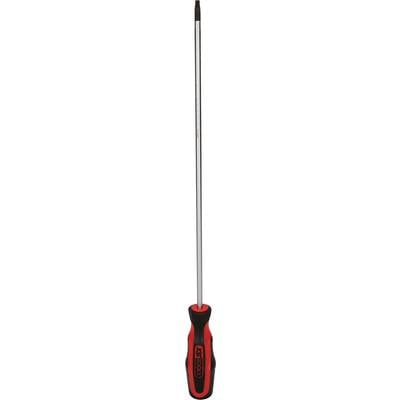 Schlitzschraubendreher mit rot-schwarzem ergonomischem Griff und langem, schmalem Metallstab.