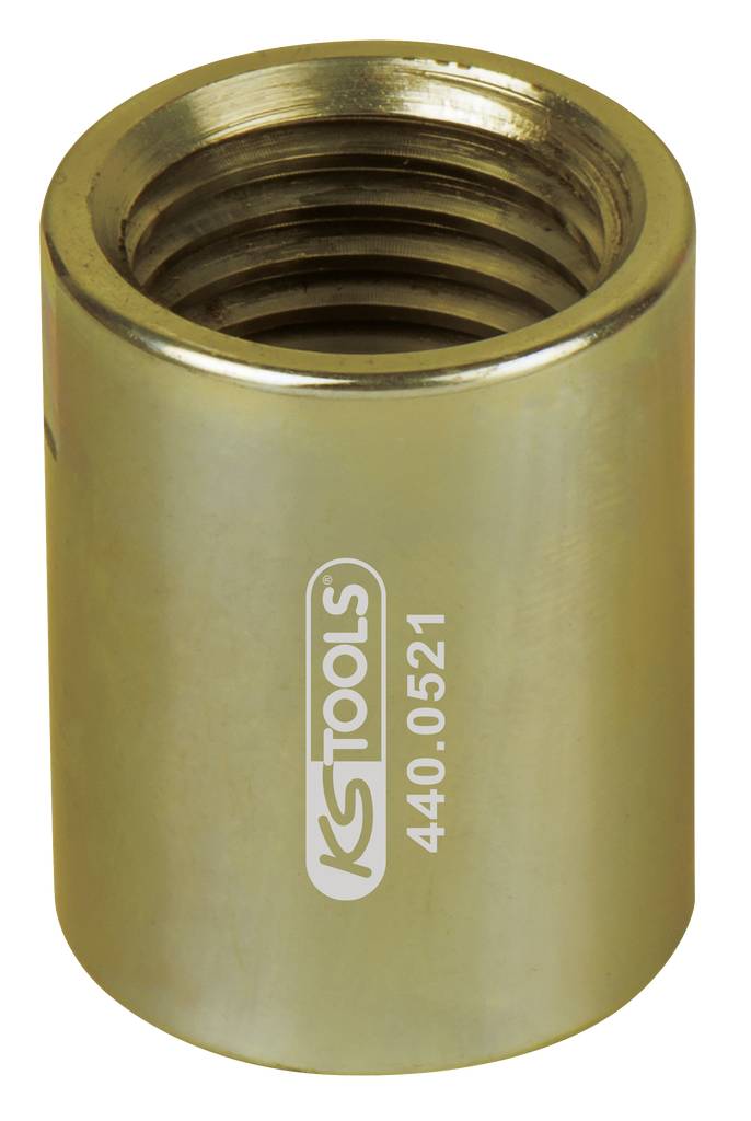 Zylinderförmige, goldene Metallhülse mit Innengewinde und der Aufschrift 'KS TOOLS 440.0521'.