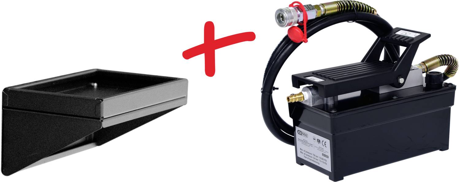 Zwei schwarze Geräte: Links ein schräges Fach, rechts eine Pumpe mit Schläuchen und Ventil, dazwischen rotes Pluszeichen.