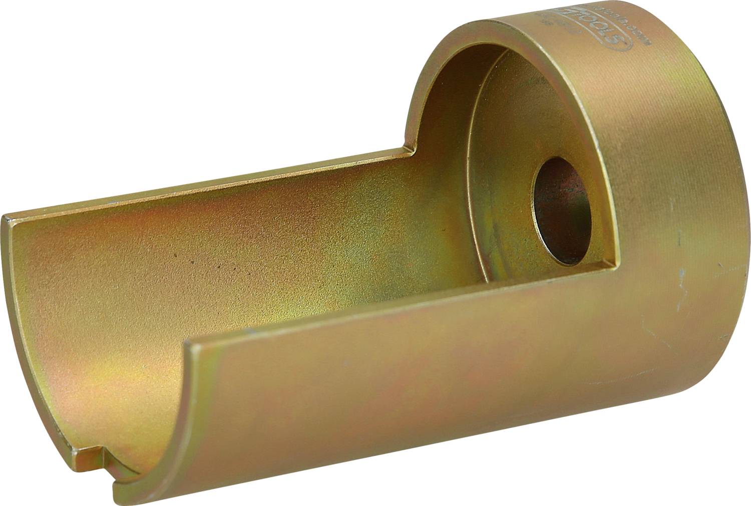Eine zylindrische, goldfarbene Metallbuchse mit einer hakenförmigen Aussparung. Verwendet zur Sicherung von mechanischen Teilen.