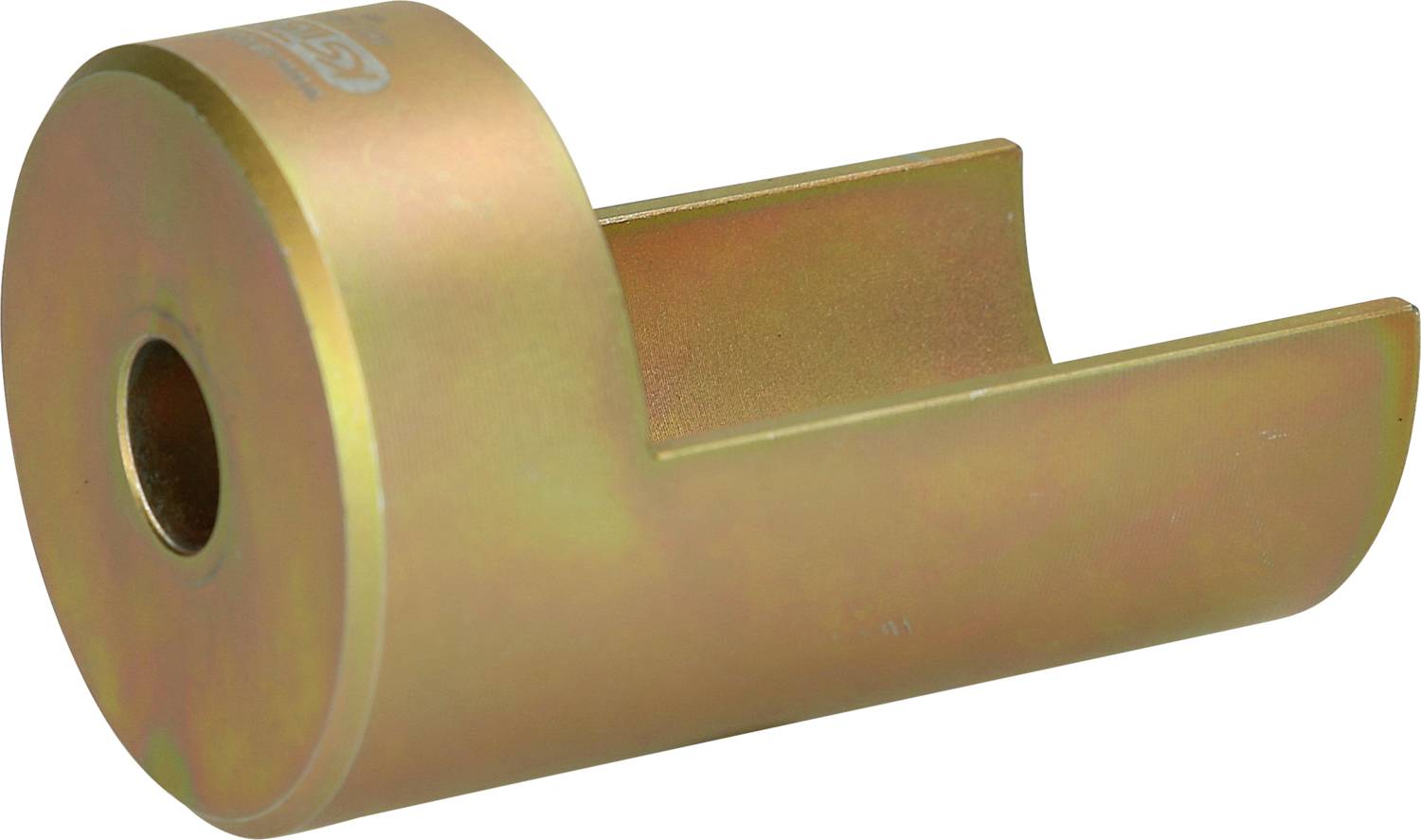 Zylinderförmiges, metallisches Bauteil mit langem Schlitz auf der Seite, industrielle Komponente, bronzenes Finish, seitliche Ansicht.