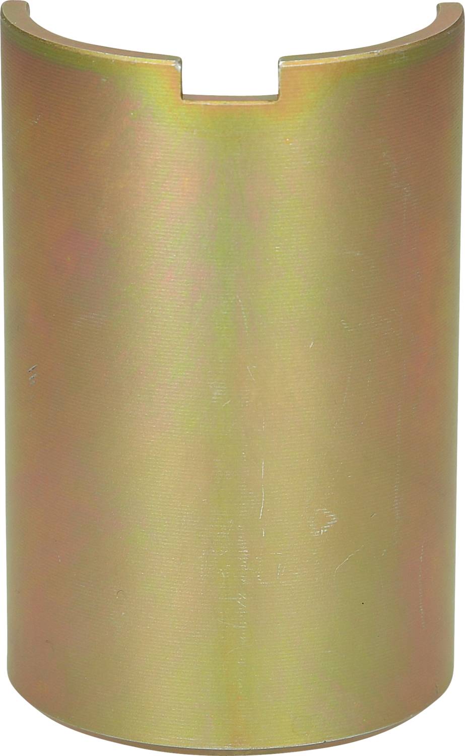 Zylindrisches Metallteil mit goldener Oberfläche und einer kleinen Aussparung an der Oberkante, möglicherweise eine Buchse oder ein Bauteil.