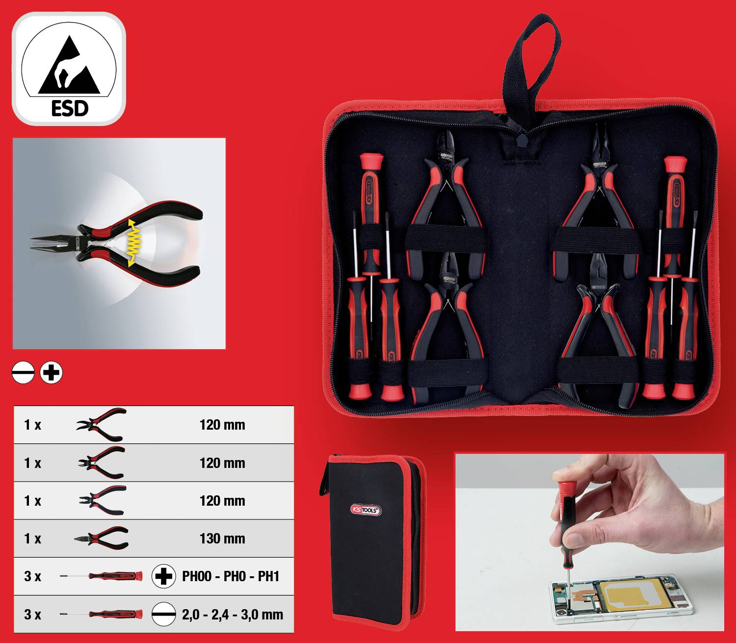 'Set mit ESD-Schraubendreher und Zangen in rotem Etui. Enthält Schraubendreher und Zangen in verschiedenen Größen. Ideal für Elektronikreparaturen.'