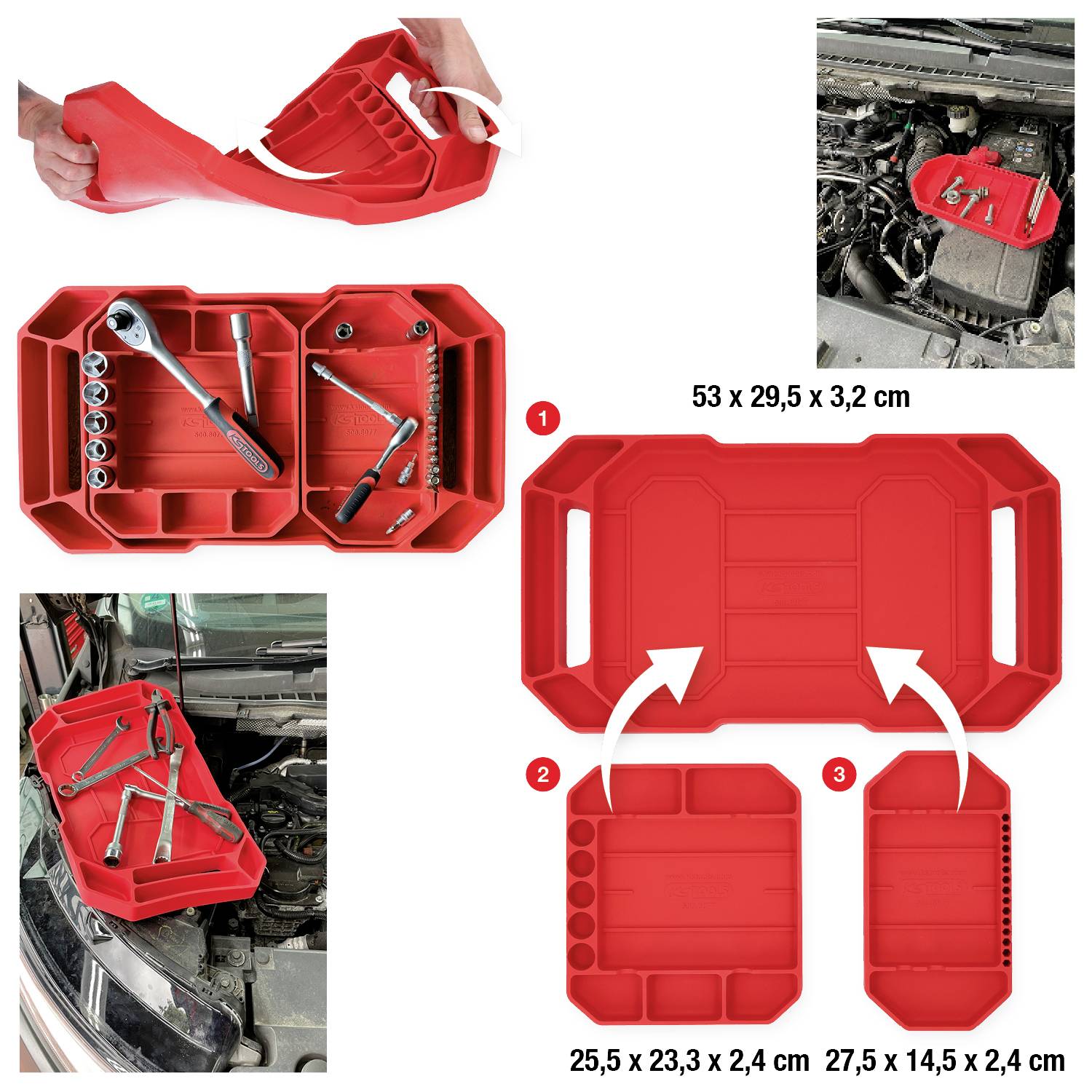 Roter Werkzeughalter mit Fächern, geeignet für Autoreparaturen. Abmessungen und beispielhafte Werkzeuge sind abgebildet.