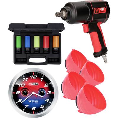 Ein Schlagschrauber mit rotem Griff, daneben ein Set bunter Stecknüsse, drei rote Schutzhüllen und eine analoge Uhr mit Logo von KS Tools.