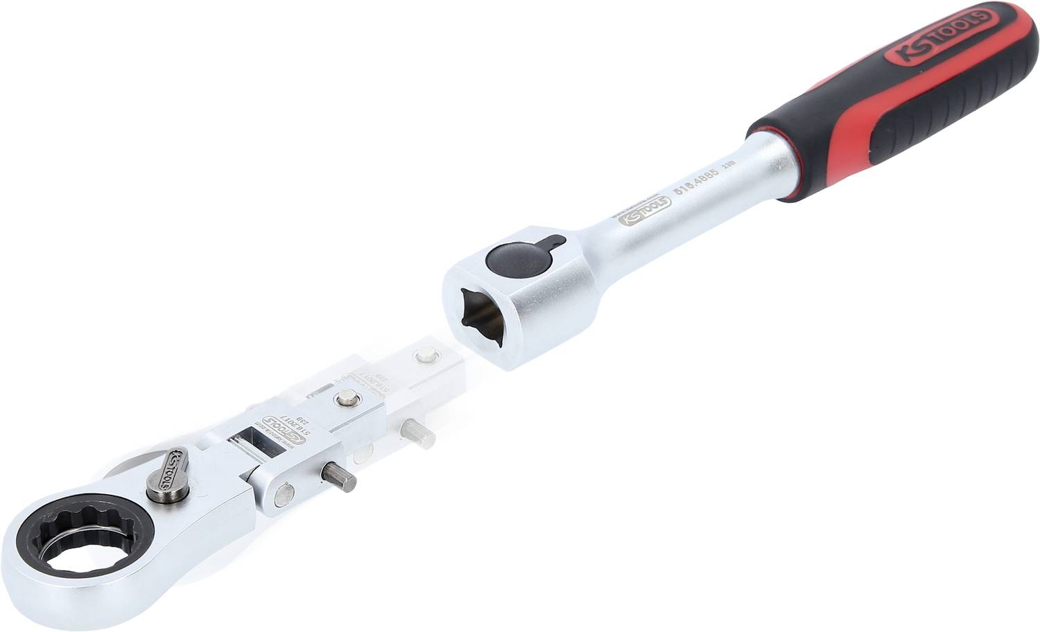 Ratsche mit ergonomischem Griff und abnehmbarem Steckschlüssel, geeignet für mechanische Reparaturarbeiten.