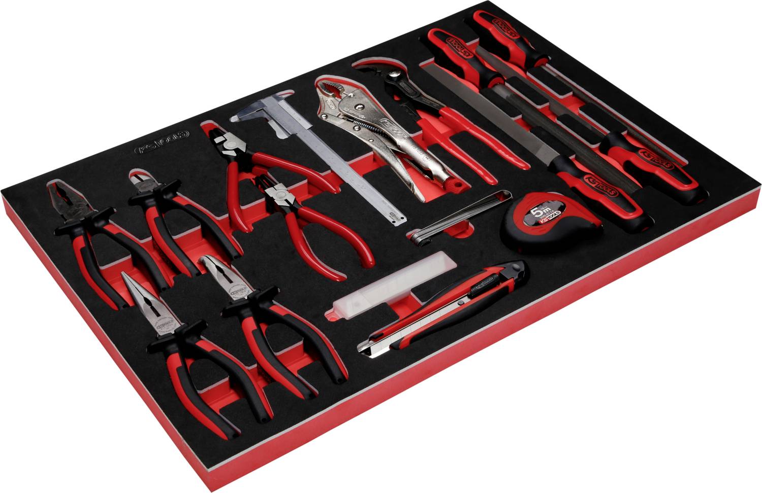 Ein Set von Handwerkzeugen in einem schwarz-roten Organizer. Enthalten sind Zangen, Schraubenzieher, ein Hammer, eine Säge und eine Messschieber.