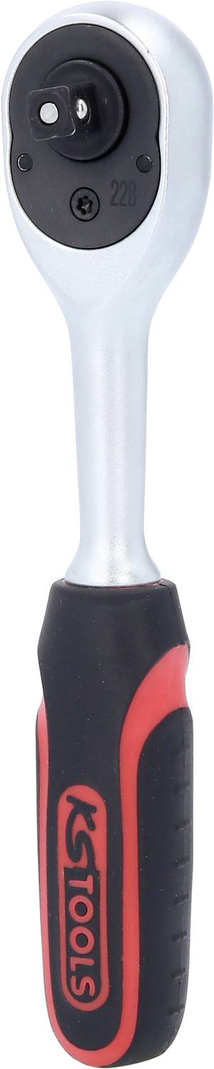 Eine silberne Ratsche mit einem schwarzen und roten Griff. Sie ist für Werkzeugeinsätze geeignet und hat eine mechanische Verriegelung.