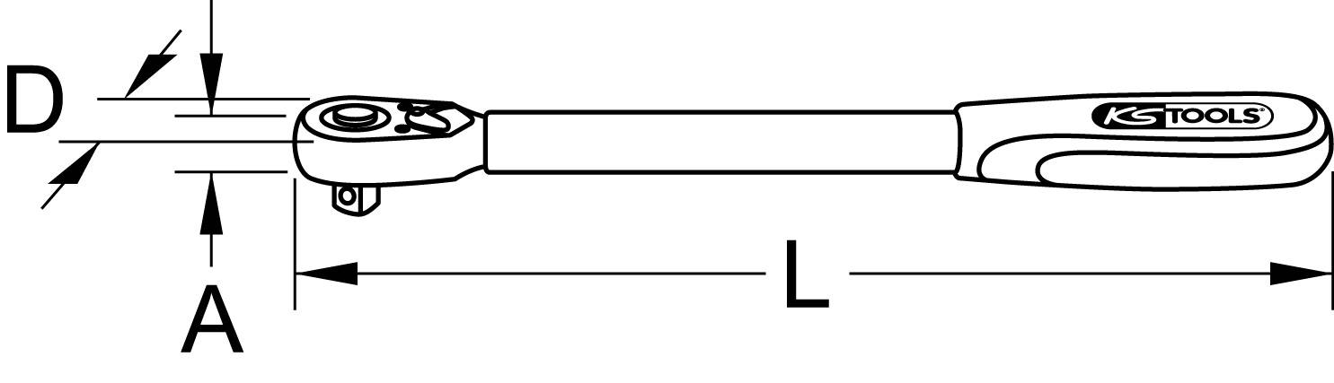Illustration eines Ratschen-Schlüssels mit Beschriftungen 'D' und 'A' am Kopfteil und Länge 'L' entlang des Griffs, mit Markenlogo.