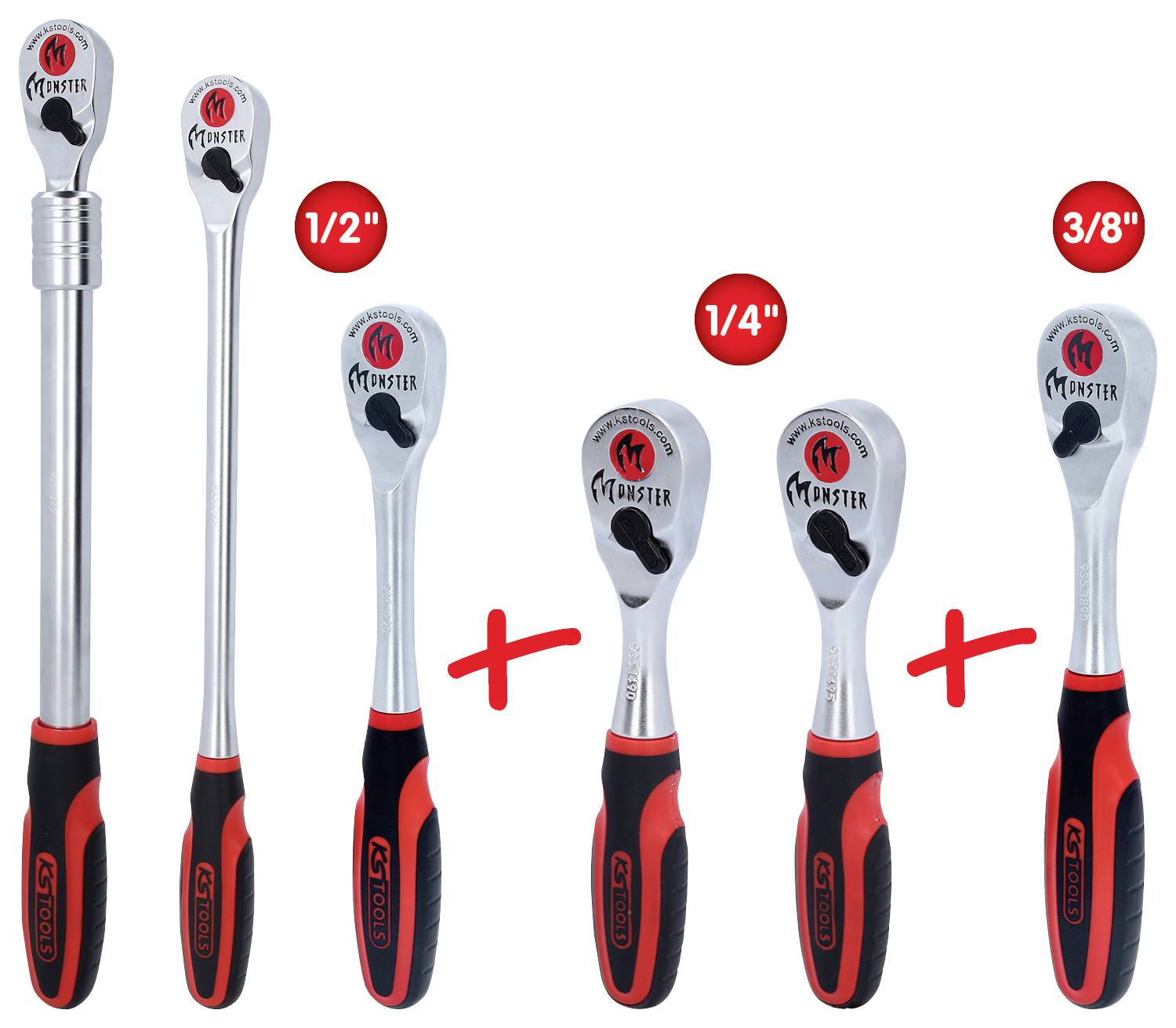 Verschiedene Ratschen mit Griffen in rot-schwarz und Hebelmechanismen in drei Größen: 1/2", 1/4" und 3/8". Premium-Designmarke.