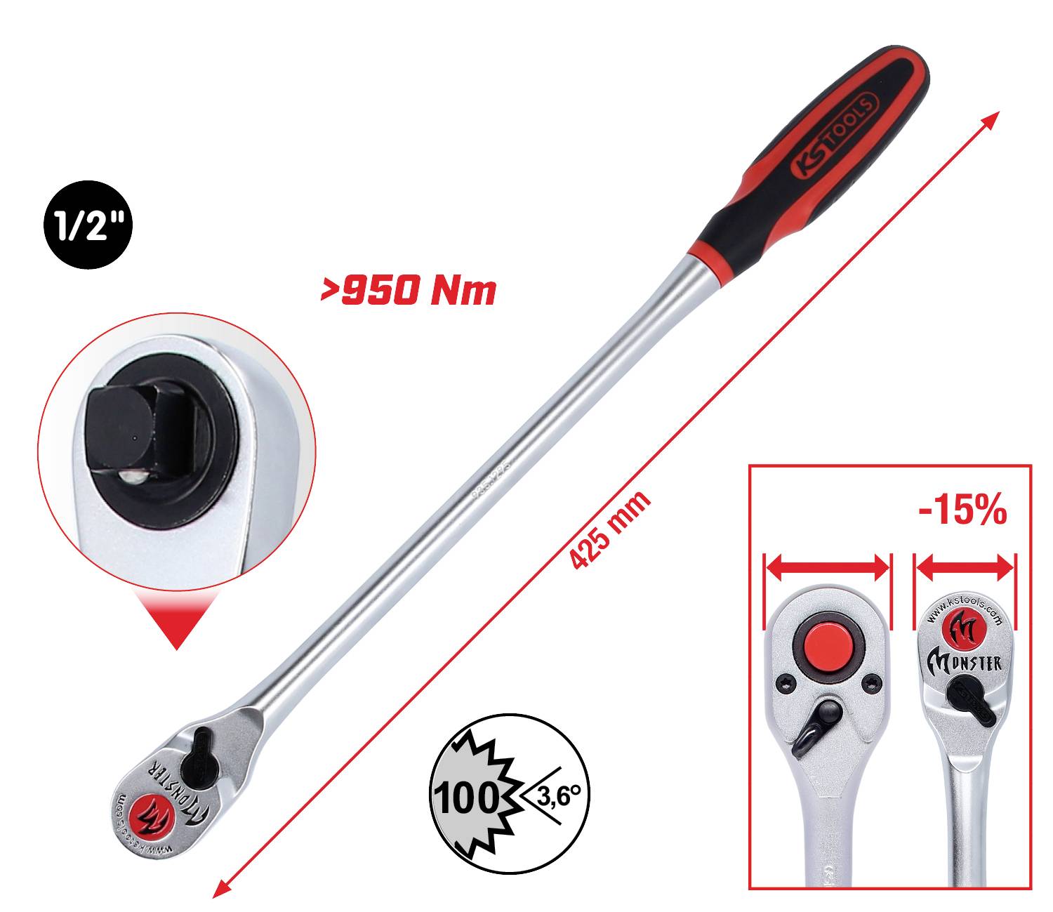 'Ein langer Ratschen-Schlüssel mit Drehmoment von über 950 Nm, 425 mm Länge. Abgebildet sind Kopfdetails und Größenunterschiede.'