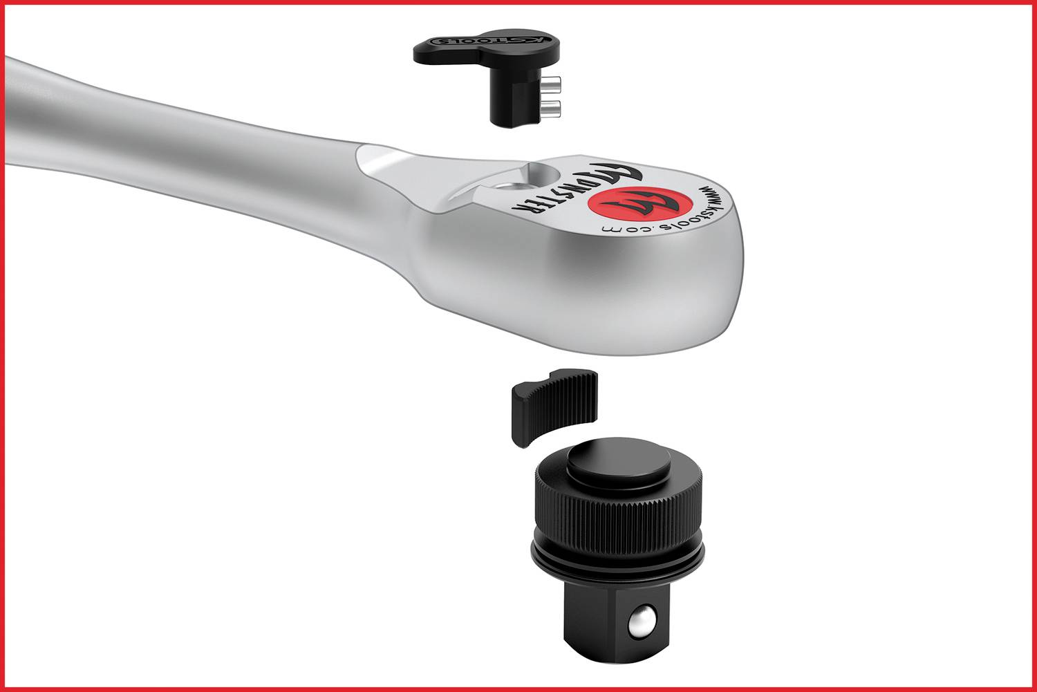 Ein silberner Ratschen-Schlüssel mit abnehmbaren Einsätzen und einer Schraube, die in der Luft schweben. Logo auf dem Kopf sichtbar.