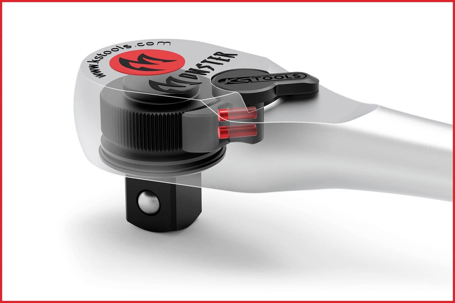 Ratsche mit transparentem Gehäuse, zeigt innenliegende Mechanik und Website 'www.kstools.com'.