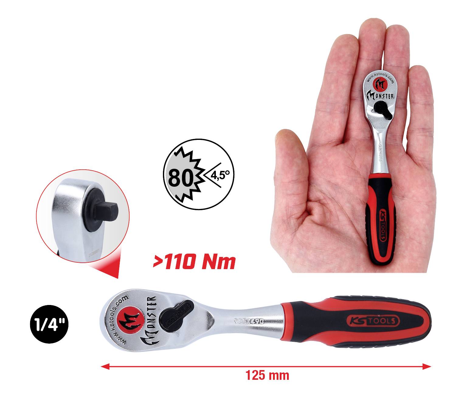 'KS Tools Miniknarre' auf einer Hand, Hebel umschaltbar, Drehmoment über 110 Nm, kompakt mit 125 mm Länge, Antrieb 1/4 Zoll.