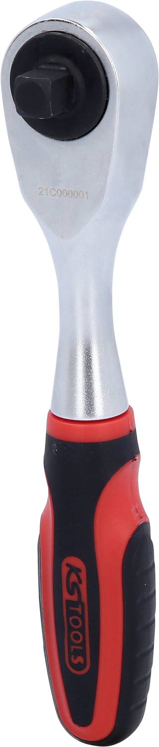 'Ein drehbarer Steckschlüssel mit einem roten und schwarzen Griff. Das Werkzeug hat einen verstellbaren Kopf, um Schrauben anzuziehen oder zu lösen.'