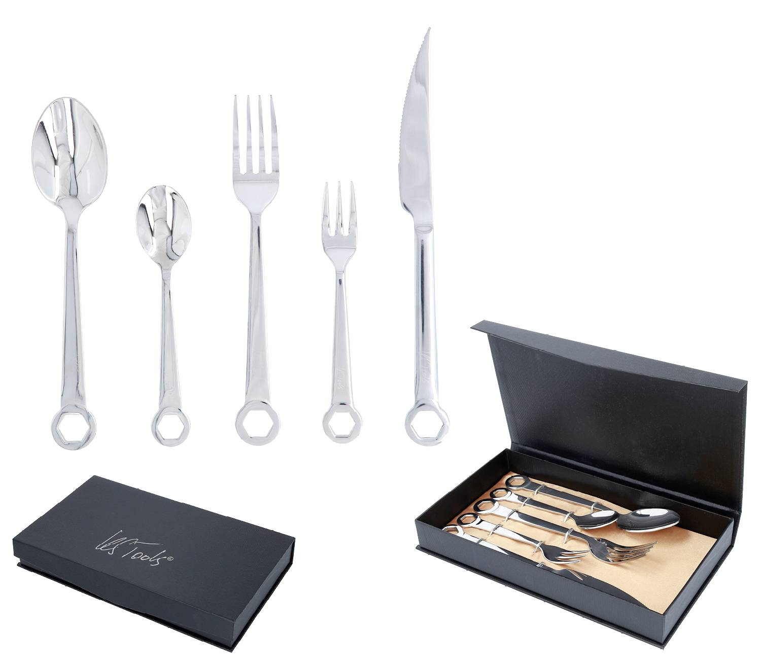 Besteckset aus Edelstahl in Form von Schraubenschlüsseln, bestehend aus Löffel, Gabel, Messer und Kaffeelöffel in einer schwarzen Box.